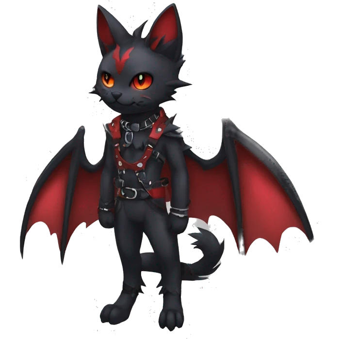 cool edgy black punk red ethereal fantasy nargacuga-bat-cat-Fakemon collar harness full body emoji