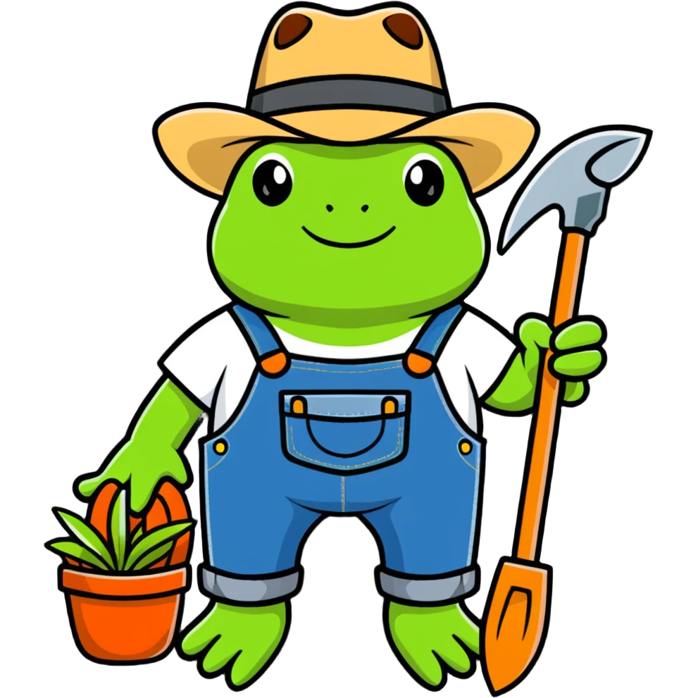 cartoon frog with cowboy hat, denim overalls, and gardening tools emoji