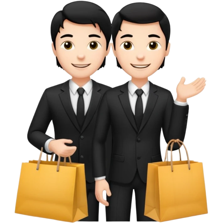 a white elegant man black hair in a black suit with clothing shopping bag emoji