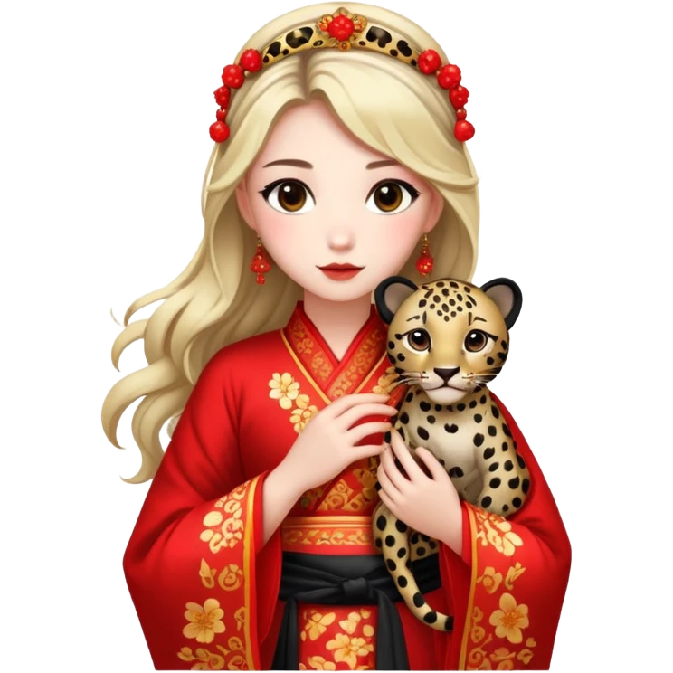 A beautiful girl in red Hanfu wedding dress is holding a black leopard emoji