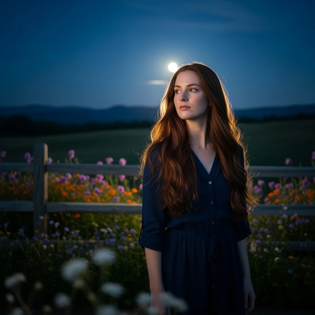 A portrait of a white person in the foreground, blurred plants in the foreground, a wooden fence and colorfull flowers in the midground, rolling hills in the background, cinematic depth of field, layered composition, moon back light (Blue night) emoji