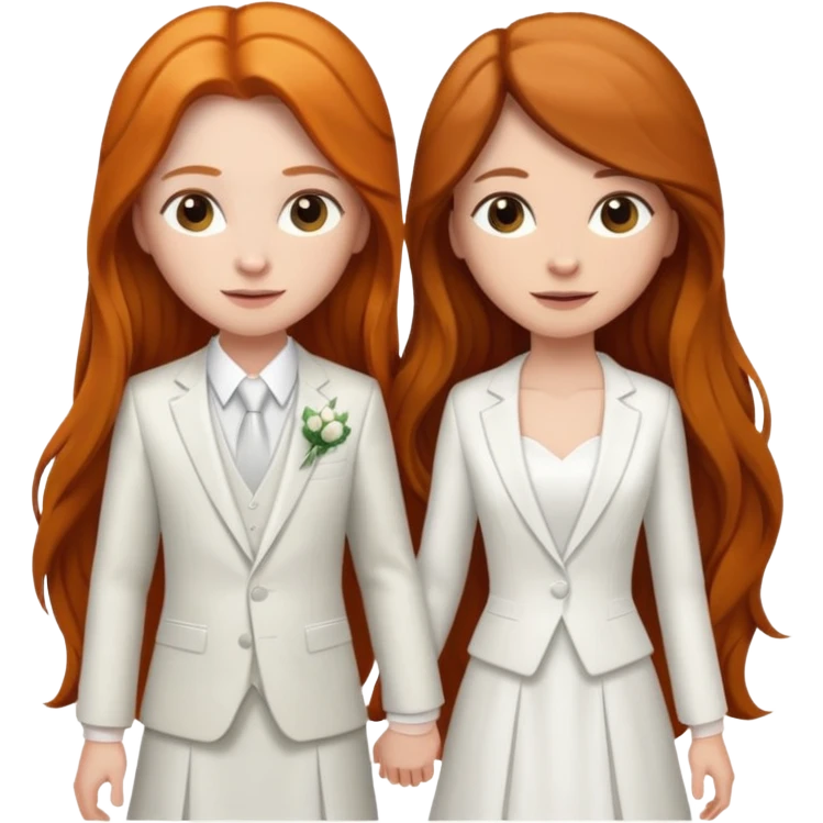 two girls getting married. one long haired ginger in a suit. one long haired brunette in a dress emoji