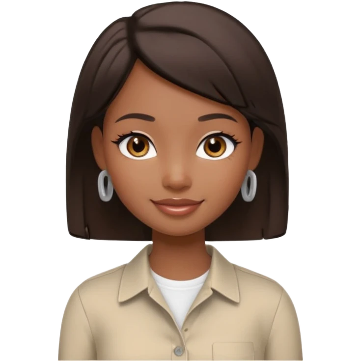 generate a pretty bratz girl with dark brown eyes. Dark brown hair straight short hair. tight beige button up shirt with top shirt open.  airpods in ear emoji