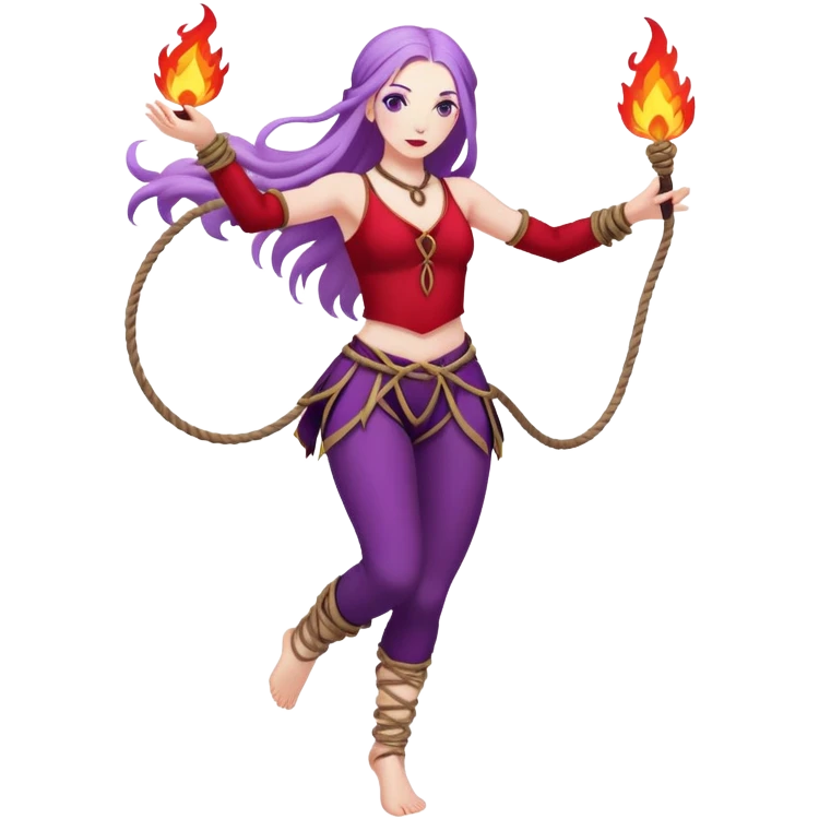 Full body rope Poi fire dance performer pale skin with long purple hair red clothes emoji