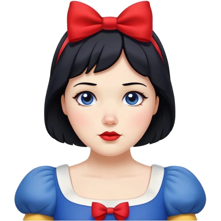 Snow White from hips up, blue and yellow dress, short black hair with red bow, minimal style, larger size emoji