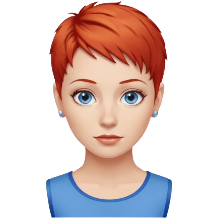 27 year old white woman, red hair, pixie cut, blue eyes emoji