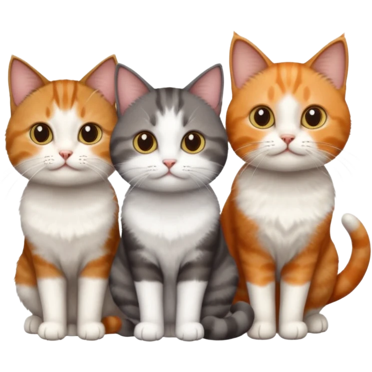 3 different coloured short haired cats including; a dark brown tabby and white cat, and a dark grey and white and a ginger and white emoji
