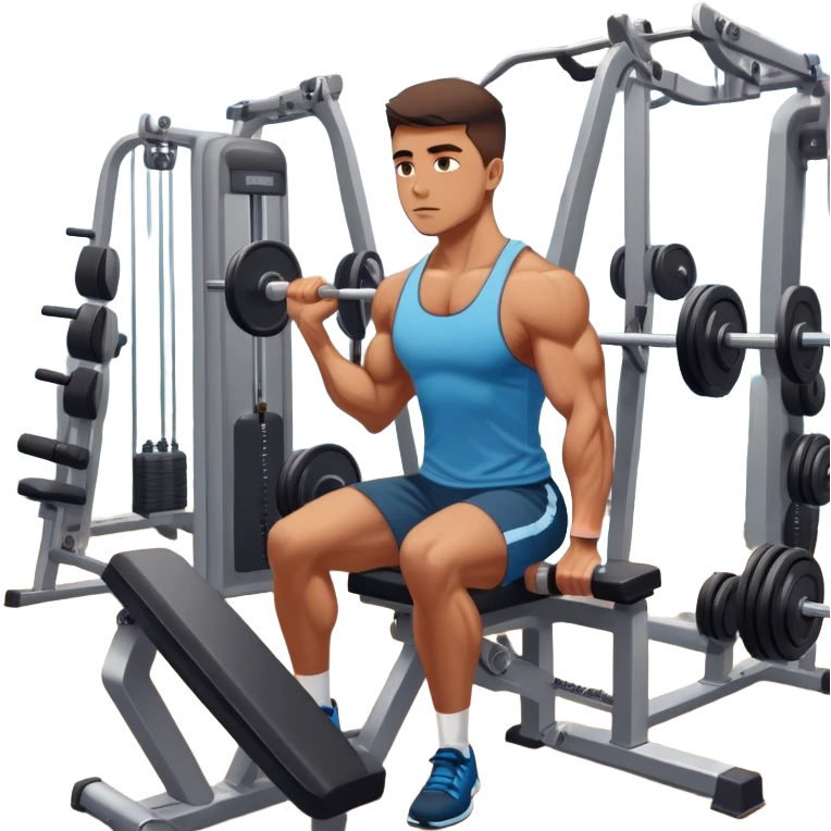 A focused athlete working out on a strength training machine in a modern gym. Muscles engaged, expression determined, demonstrating power and endurance. The gym is filled with equipment like dumbbells, barbells, and mirrors reflecting effort, creating a high-energy atmosphere. emoji