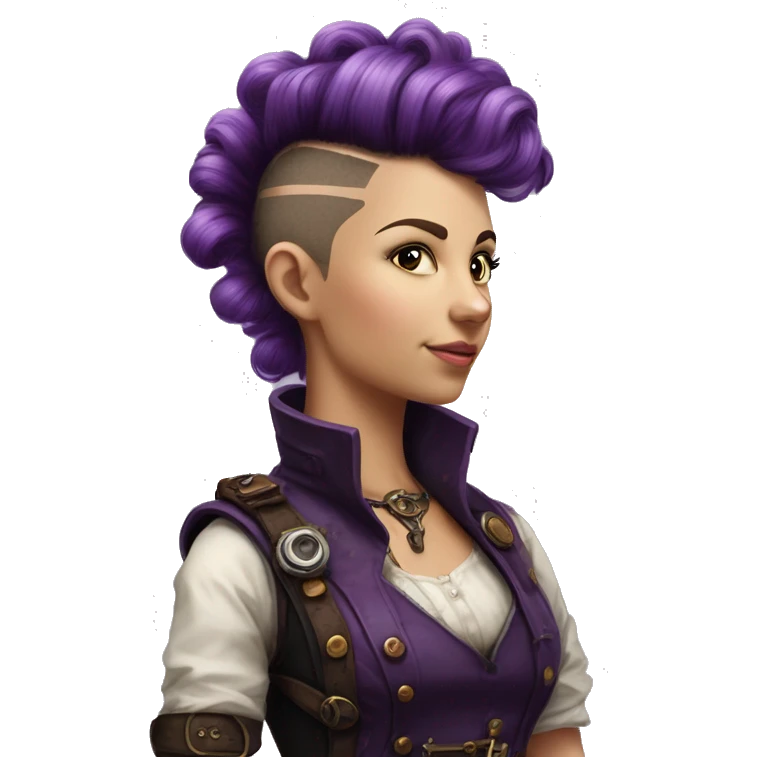 Photorealistic steampunk profile short mohawk purple  curl on Caucasian girl with small nose emoji