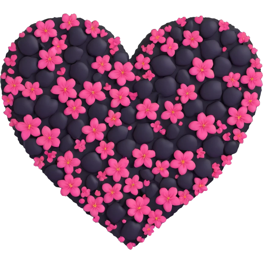 goth sakura heart, black heart with extra sakura petals, lush and vibrant emoji