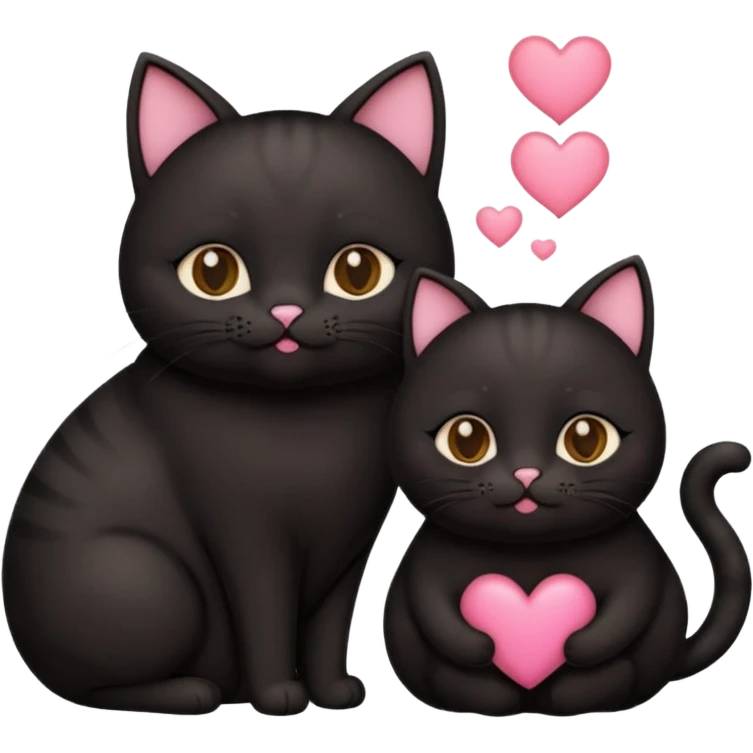 two fat cute black cats love, closed mouth, black ears, pink heart emoji