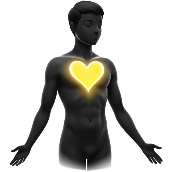 minimalist b&w male silhouette with flowing black-and-white curves across the lower body, now overlaid with a small, softly glowing spark or radiant light near the chest or head — heart symbolizing inspiration, inner fire, and creative energy awakening” yellow glow emoji
