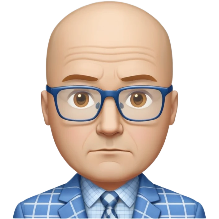Larger 50-year-old man with wide square face. Male pattern baldness with hair only on top/crown of head, completely bald sides. Large dark square glasses. Serious expression. Light gray blazer, white shirt with blue checkered pattern. emoji