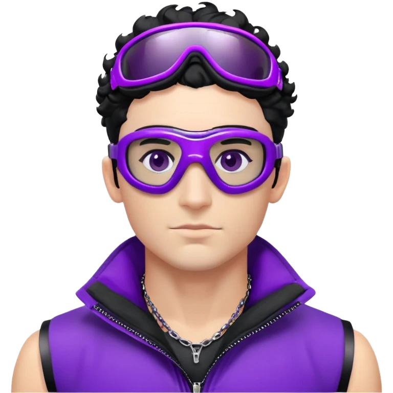 male athlete with white skin and moderately curly black hair on top with shaved sides, wearing ski goggles with purple frames and very dark black lenses, a simple plain black chain necklace, and an open shiny purple vest showing his chest and abs, no earrings emoji