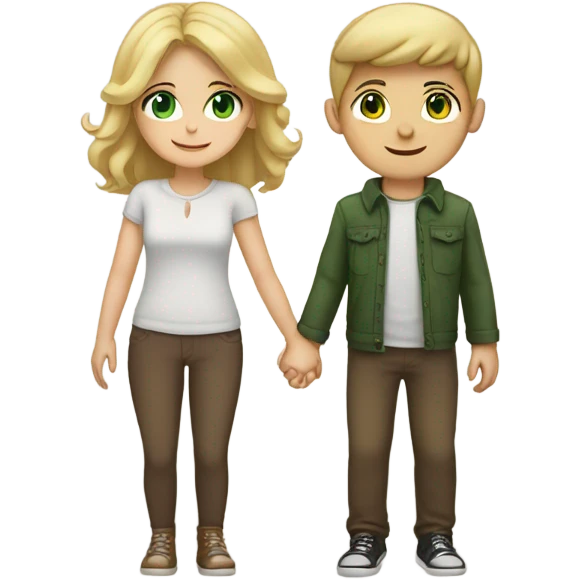 Blond boy with green eyes and brunette girl with brown eyes hold hands in love emoji