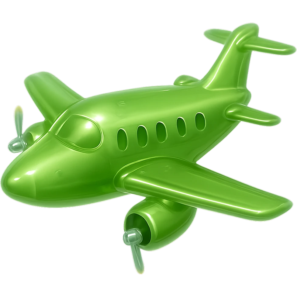 Make the light green airplane look like the glossy green cube in the reference image, keep one turbine on each wing, no background, in the style of apple emojis. emoji