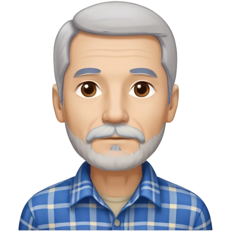 Thin older Hispanic man with light complexion. Elongated slim face with wise expression. Relaxed brown eyes. Long straight fine gray-white hair that covers the ears with soft fringe in front. White mustache connected to chin beard. Lean physique. Wearing a beige and blue plaid long-sleeved shirt. emoji