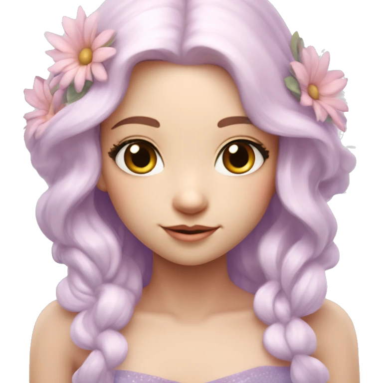 Beautiful, flower fairy, white long, light pink hair, big wings, fair skin, light violet eyes  emoji