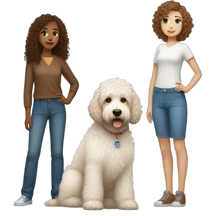 girl with curly brown hair and blue eyes , light skin with white and brown Labradoodle emoji