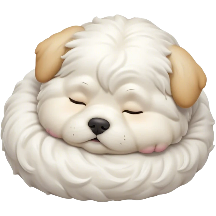 Cinematic Chubby Sleeping Wavy-Haired Maltese dog Portrait Emoji, Chubby and serene, with a round, adorable build and a soft, wavy-haired white coat, eyes gently closed in peaceful slumber, Simplified yet irresistibly endearing features, highly detailed, glowing with a gentle, dreamy glow, high shine, relaxed and content, stylized with a touch of whimsy, bright and heartwarming, soft glowing outline, capturing the essence of a blissfully sleepy companion, so comically serene it feels like it could roll out of the screen and snore with adorable charm! emoji