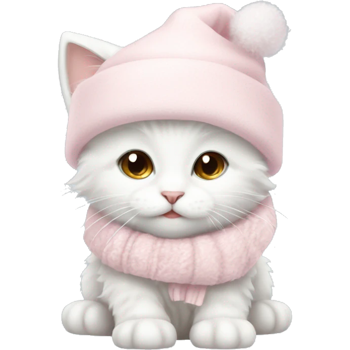 fluffy white winter kitten with pale pink christmas hat and pale pink scarf emoji