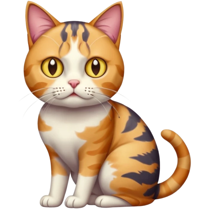 full body colourful calico tabby cat with disproportioned head with an anxious face emoji
