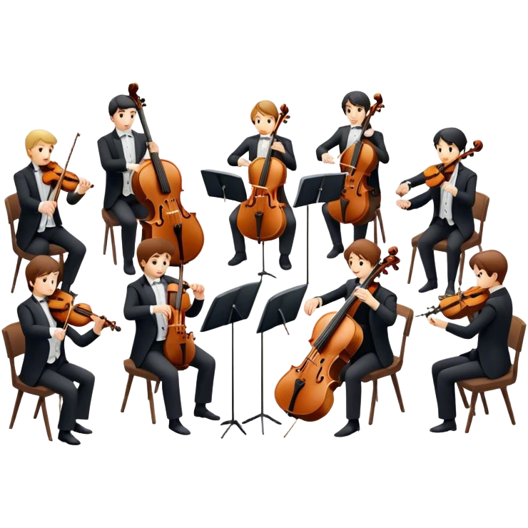 Icon for Classical Music: chamber orchestra with 4-5 musicians playing string instruments (violins, violas, cellos) and a conductor leading the ensemble. The intimate, refined atmosphere. Transparent background. emoji