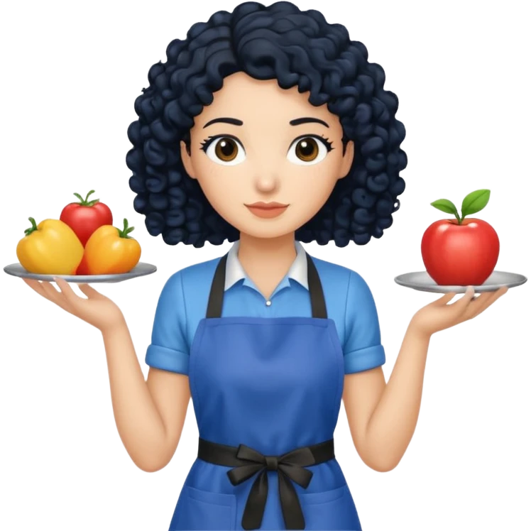 woman with curly black hair in blue apron emoji