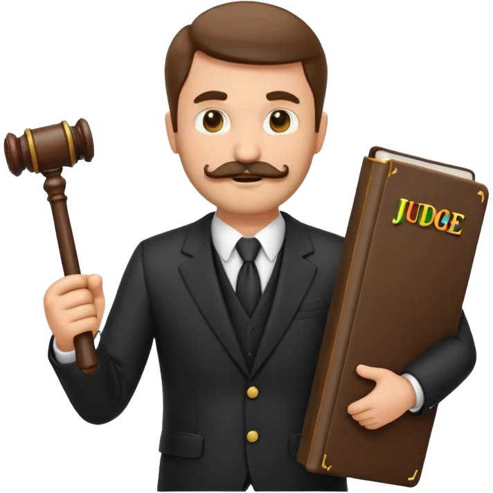 “Create a clean, modern emoji-style illustration of a male lawyer. He is wearing a formal suit jacket. He is holding a judge’s gavel in one hand and has a law book tucked under his arm. He has a mustache and a short beard, and emoji