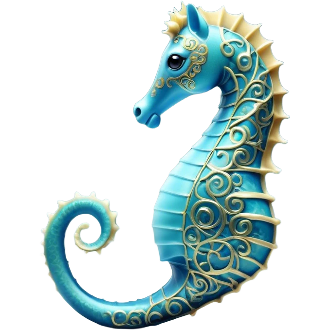 Cinematic Noble Sea Horse Portrait Emoji, Poised and elegant, with a delicate, upright body adorned with intricate, flowing patterns and a gracefully curled tail, with keen, expressive eyes, Simplified yet sharp and sophisticated features, highly detailed, glowing with a soft, aquatic luminescence, high shine, intelligent and refined, stylized with an air of ethereal marine grace, focused and poised, soft glowing outline, capturing the essence of a watchful and confident sea guardian that appears ready to drift out of the screen with effortless authority! emoji