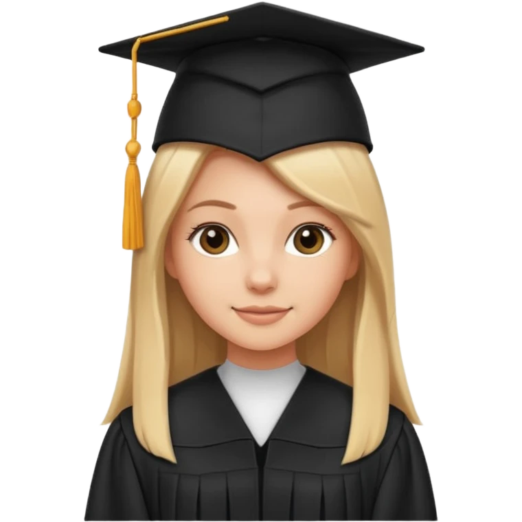 white girl with straight hair, standing proudly in black graduation cap and gown, subtle smile emoji