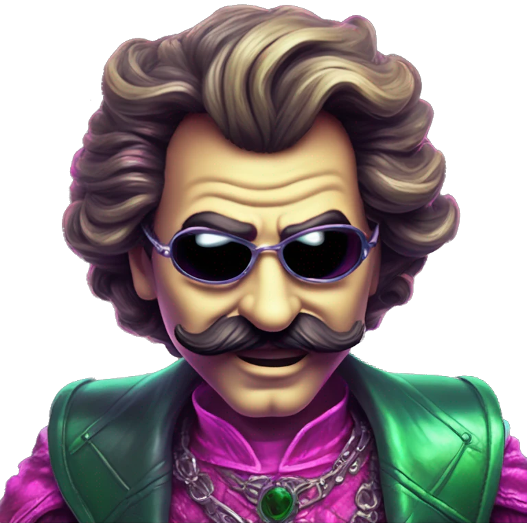 Synthwave Luigi in Lordi style, oil paint, epic eyes, intricate lips, exquisite pose, beautiful, desirable, logical emoji