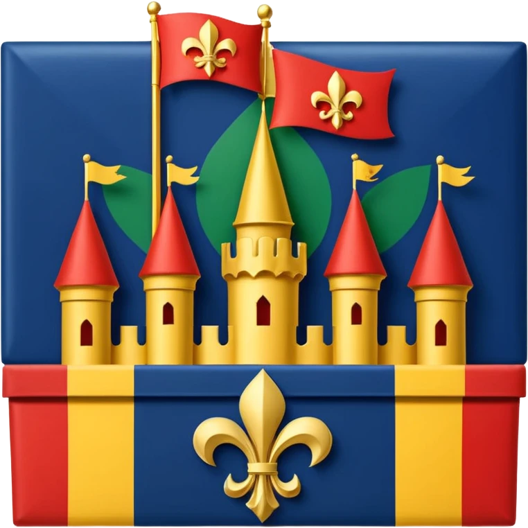  flag with 4 boxes: box1:gold fleur-de-lis on deep blue/black; box2:green, yellow, red stripes in upper right and lower left (box3) with green star in upper right; box4:yellow castle on red in lower right. Flat vector, clean, high contrast, clear at small size. emoji