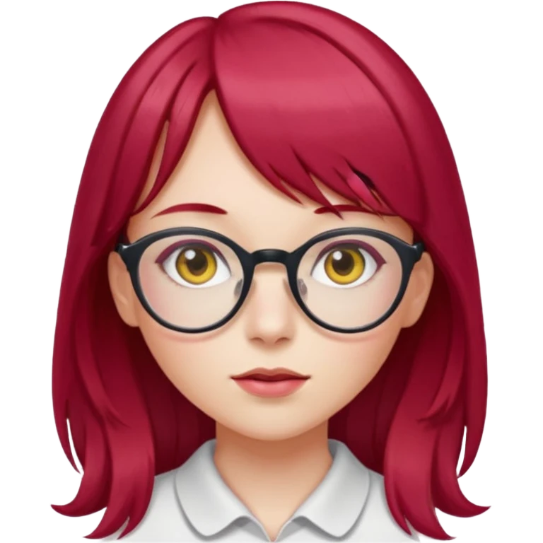 Menina com cabelos longos vermelho Cherry, liso com franja,olho direito ROSA e olho esquerdo amarelo,pele clara e com oculos  emoji
