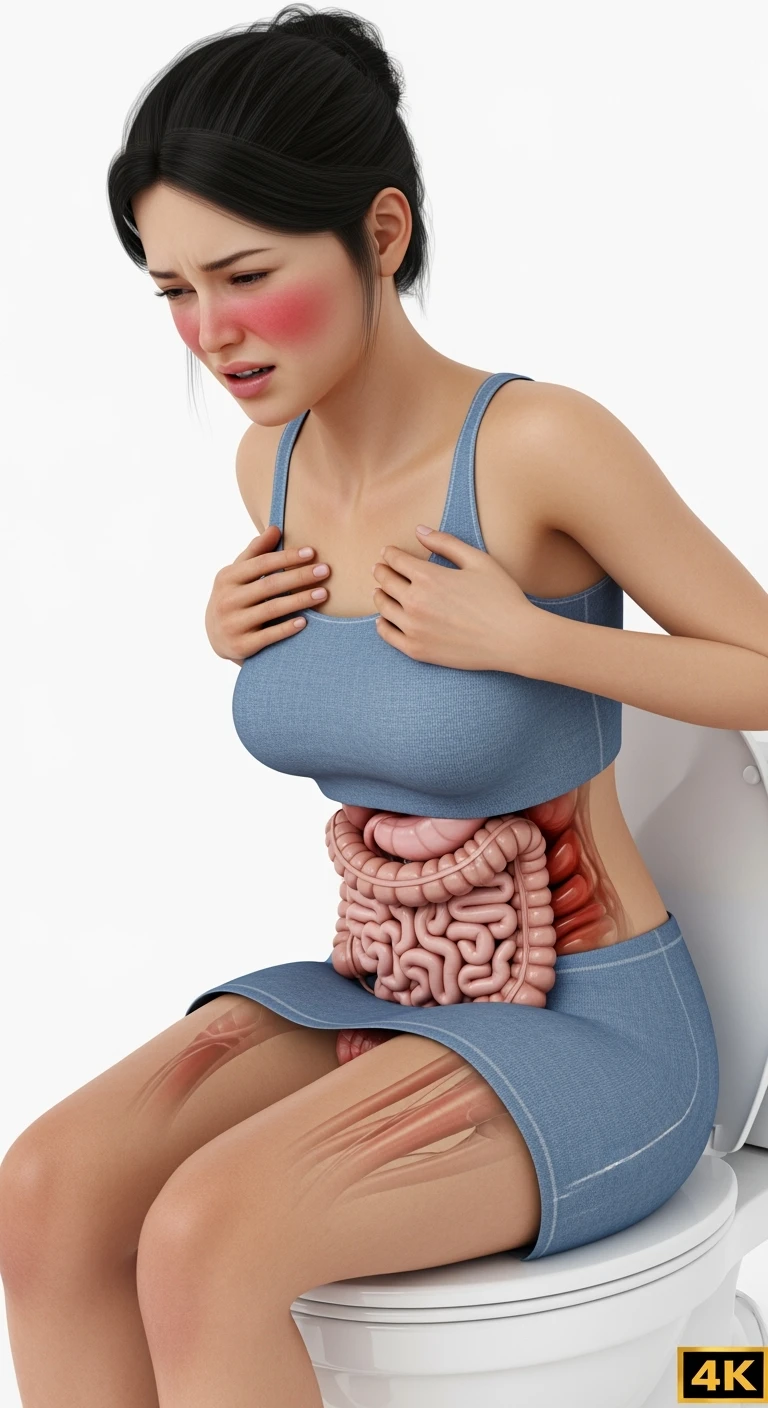 DONNA SEDUTA SUL WC CHE SI SFORZA CON INTESTINO ANATOMICO IN EVIDENZA
IPERREALISTICO 4K, SFONDO BIANCO emoji