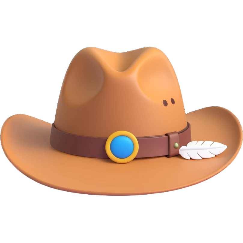 Add a single feather tucked into the leather band of the Billy Jack hat, keep the 3D emoji style. emoji