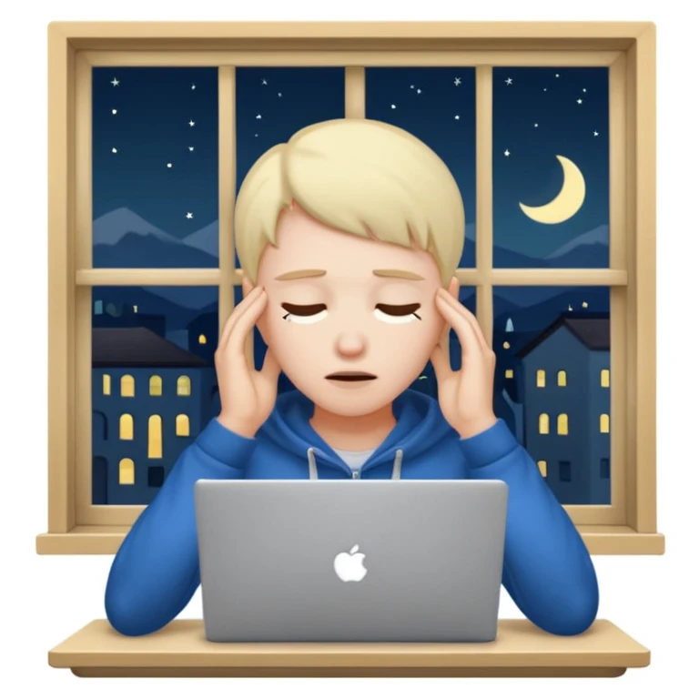 tired student with laptop, window at night behind, rubbing temples emoji