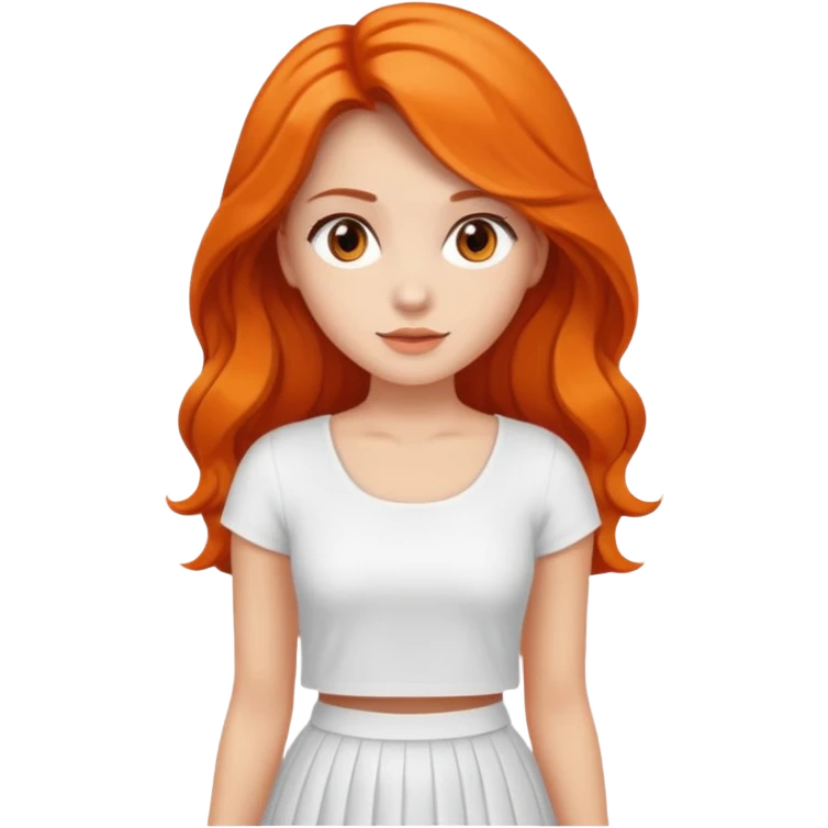 A woman with Orange long ondulated hair, brown reyes And dresses with White top And White long skirt emoji