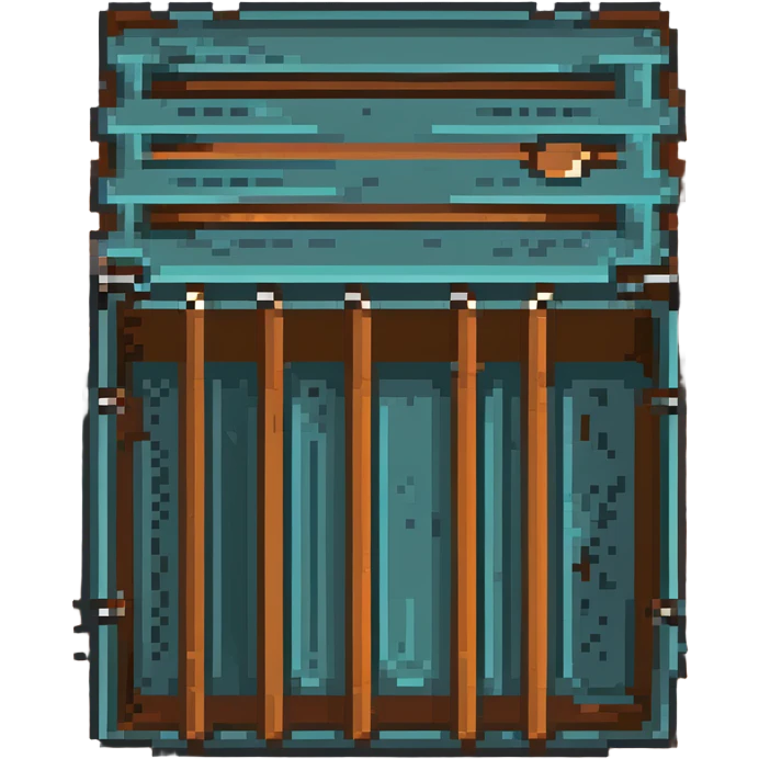 wooden crate with metal reinforcements, orange-brown wood with visible grain texture and dark gray metal bands, 32x32 pixel art game tile that looks breakable emoji