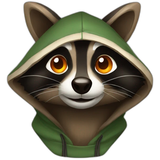 brown raccoon with orange eyes and a dark green hood that is smiling emoji