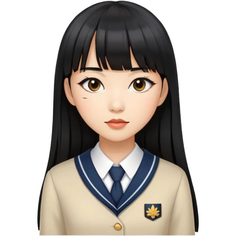 fashionable woman with Asian skin tone, long straight black hair with straight bangs, school uniform, and stylish makeup emoji
