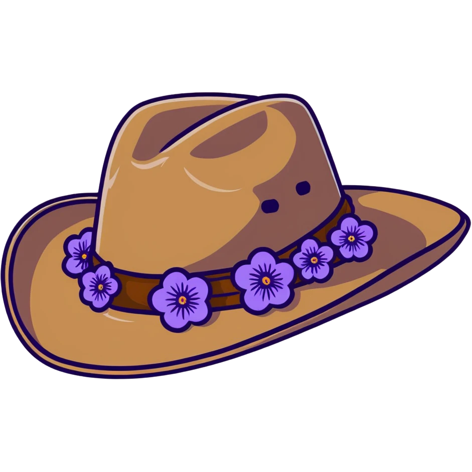Cowgirl hat with purple lavender flowers, wide-brimmed brown western hat emoji
