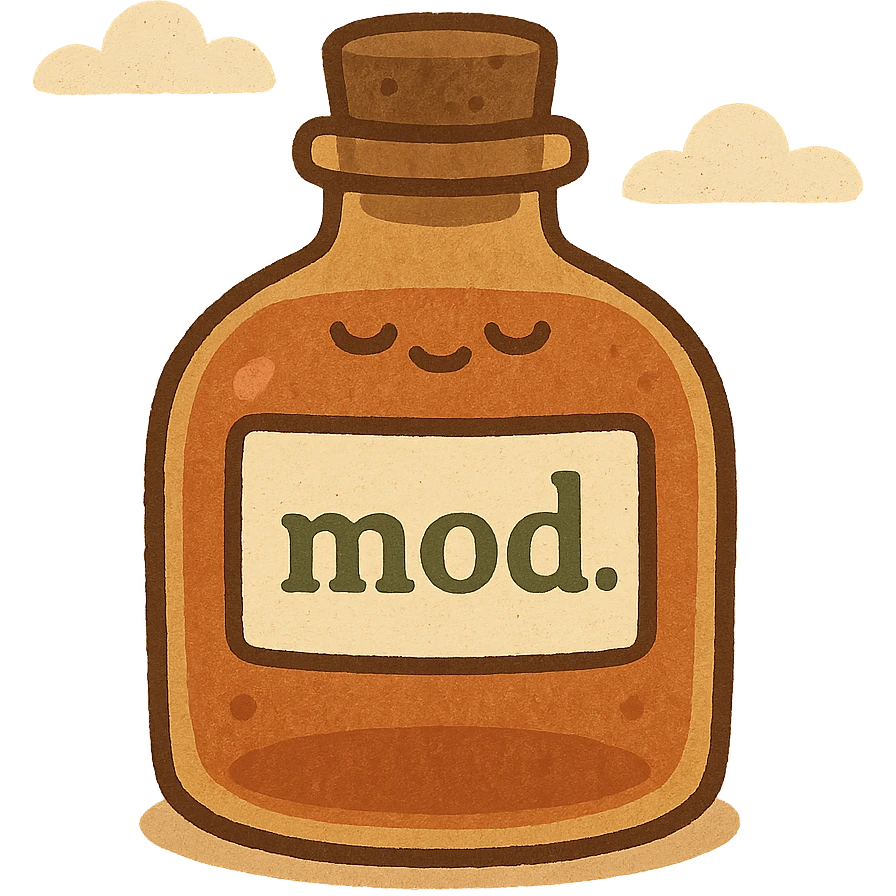 elixir bottle with a label showing the text 'mod', minimal design, white label emoji