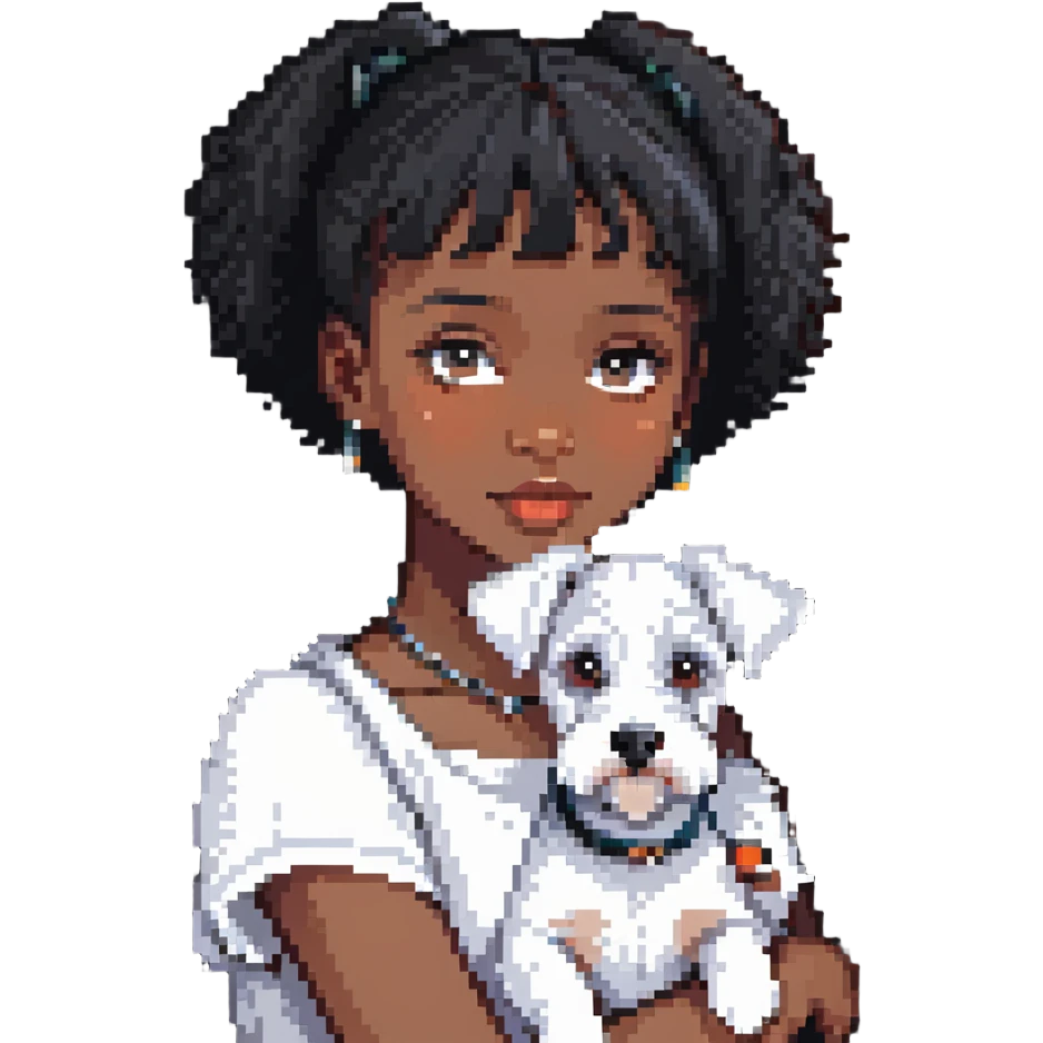 Black girl with short bangs holding a white schnauzer dog emoji