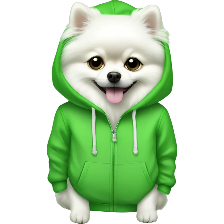 White Pomeranian wearing cucumber print hoodie emoji