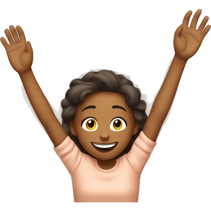 Happy girl wakes up in bed and stretches hands up in the air  emoji