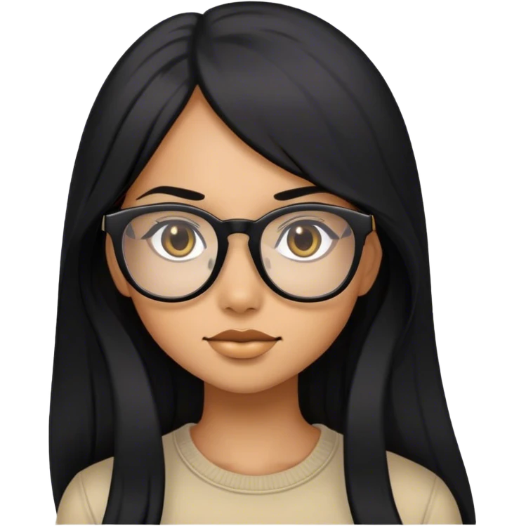 A girl with long black hair, black glasses, tan skin tone emoji