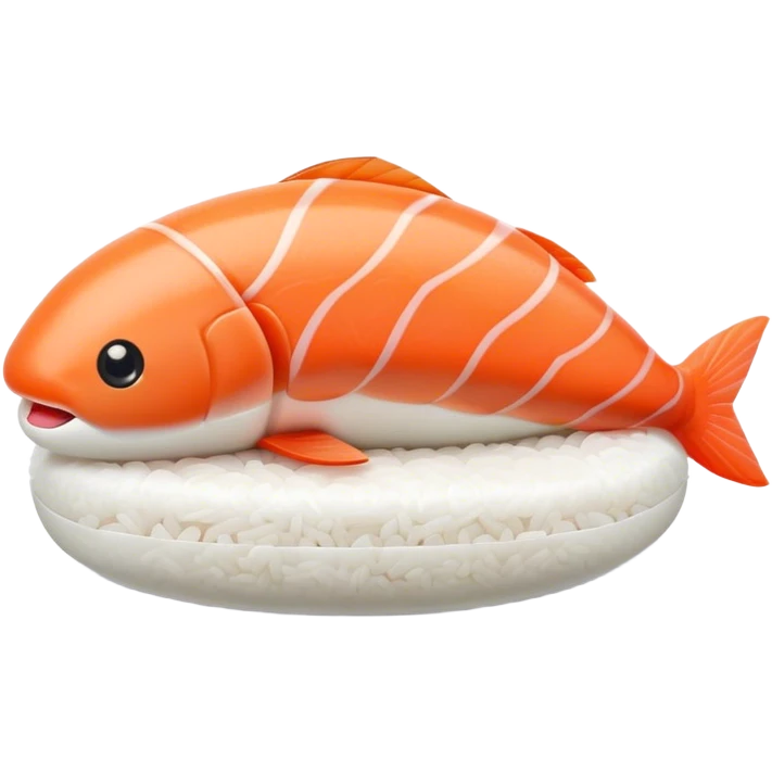 Cute Kawaii Nigiri Sushi, plump and happy, a soft white rice pillow topped with bright orange salmon, tiny blushing cheeks, big round eyes, a joyful floating expression! emoji