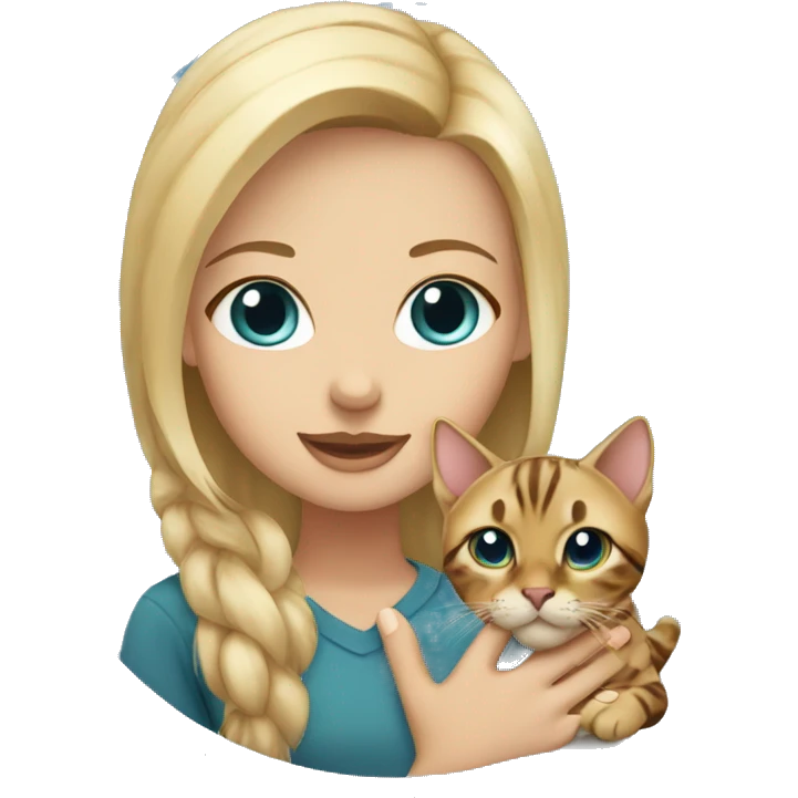 Girl with blonde hair and blue eyes holding a bengal cat emoji