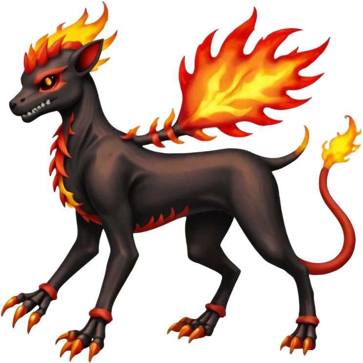 Badass black skeletal cool shiny Houndoom-Charmeleon-Fakémon-hybrid-creature (full body)  with flamey Mohawk  emoji
